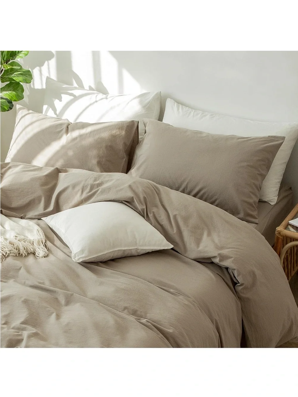 NEW MOOMEE Pillowcase Set of 2 100% Washed Cotton. Linen-Like. Queen. Taupe